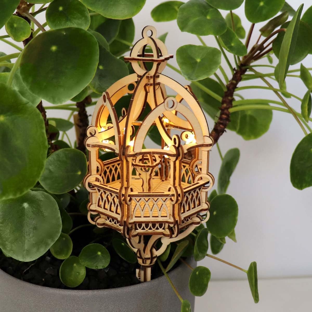 3D Houten Modelbouwset met LED Verlichting en Plantenstandaard - Herfst Paviljoen