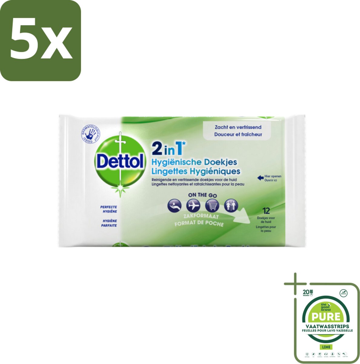 5 x Dettol - Reinigingsdoekjes - 2-in-1 Reiniging & Desinfectie - On the Go - 12 Doekjes - Grootverpakking - Hygiënische Doekjes - Reinigingsdoekjes - Desinfectiedoekjes - Antibacteriële Doekjes - Reistip