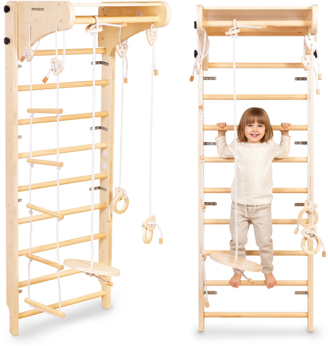 Mamabrum Montessori Houten Klimrek voor Kinderen 3+ Wandgemonteerd Gymrek met Schommel, Gymringen & Klimtouw – Indoor Motoriek Speelgoed