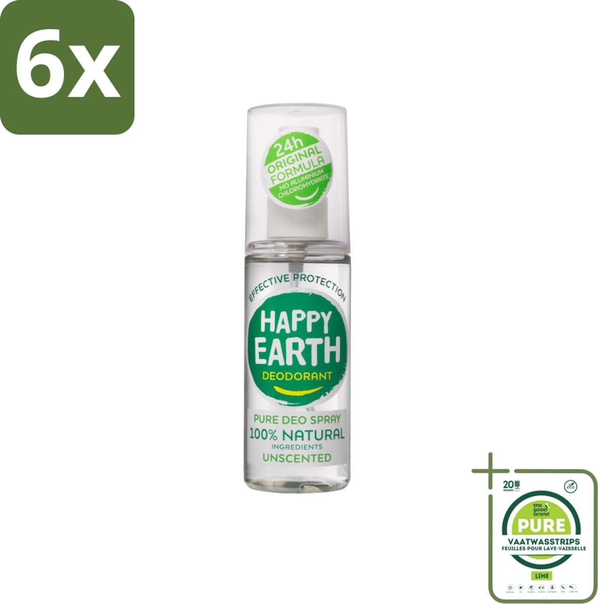 Happy Earth – Deodorant Spray – 100% Natuurlijk Unscented – 100 ml - Voordeelverpakking - 6 stuks - Geurloos deodorant - Hypoallergene deodorant
