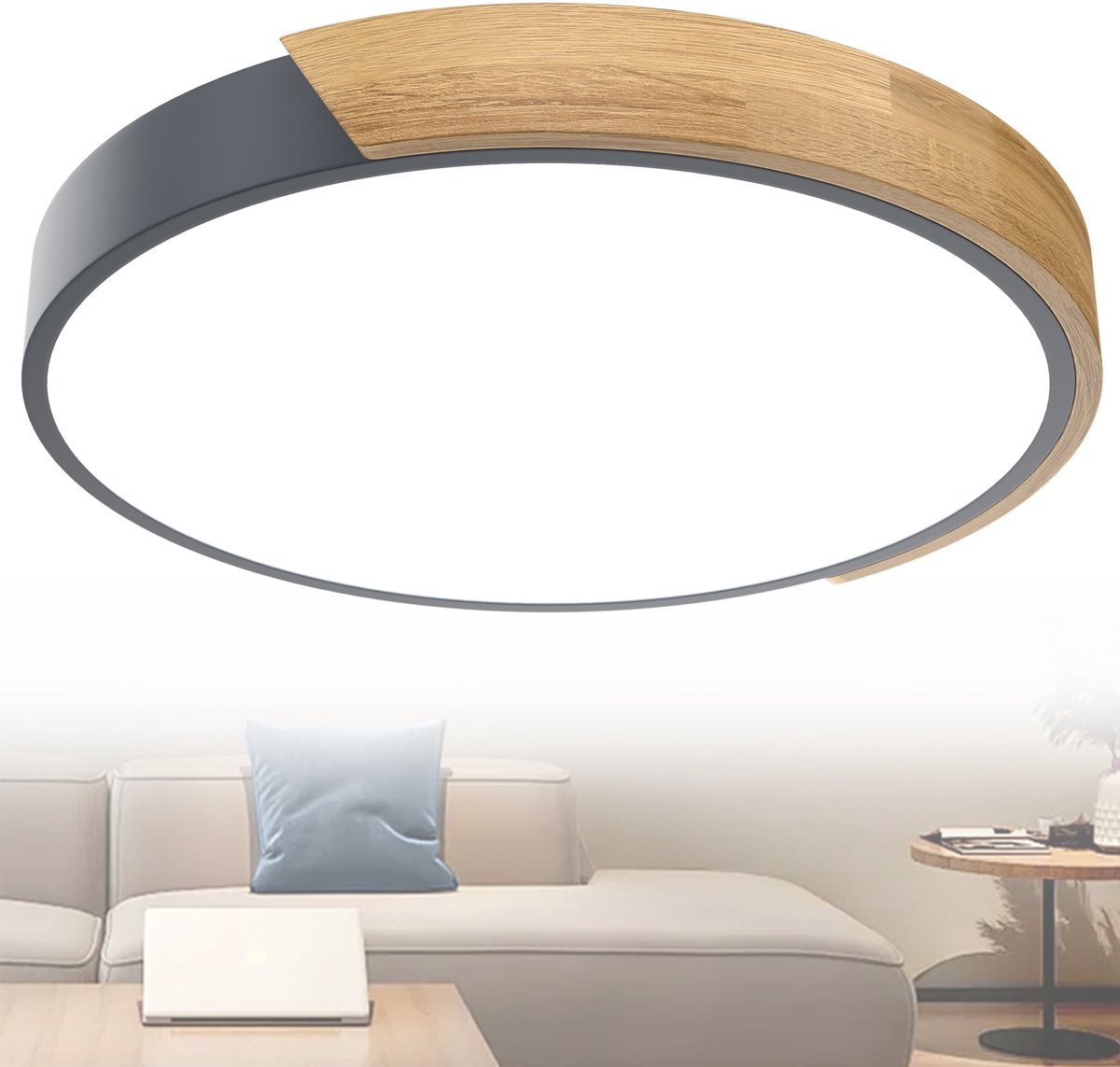 Plafondlamp hout LED-plafondlamp hout Moderne plafondlampen Rond Lampen Plat Woonkamerlamp Slaapkamerlamp Lamp hout voor hal Keuken Lounge Balkon - Grijs frame - 60W Koud wit