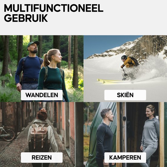 Collage van activiteiten: wandelen, skiën, reizen en kamperen met dames en heren in thermokleding.