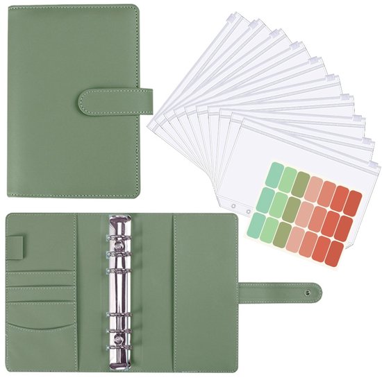 Portefeuille en PU vert, à 6 anneaux, avec des pochettes A6 et des autocollants étiquettes.