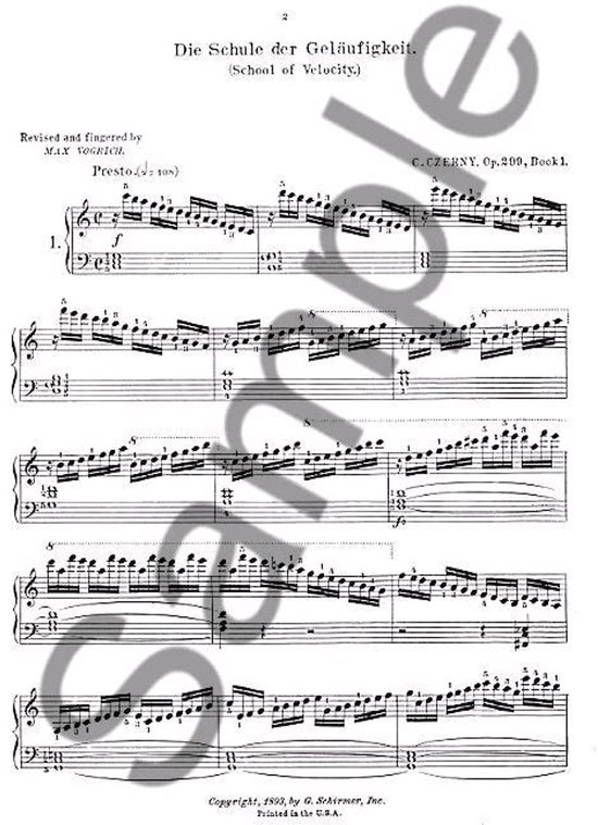 Muziekblad met pianomuziek van Czerny, Op. 299, De School van Snelheid, hersien en gearrangeerd door Max Vogrich.