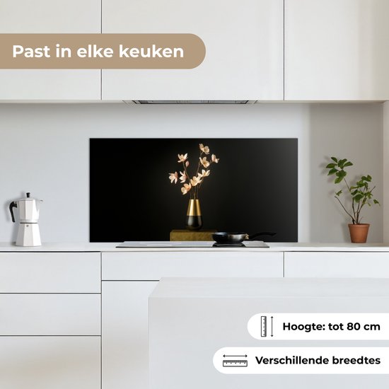 Spatscherm 90x45 cm - Zelfklevende achterwand Sierlijk - Boeket - Goud - Vaas - Keuken muurbeschermer - Spatwand fornuis