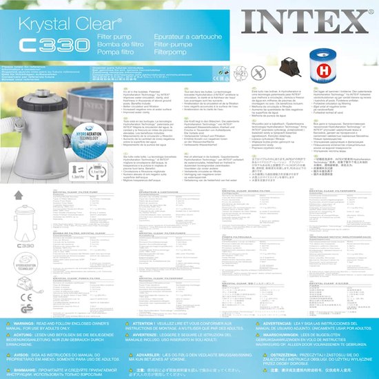 Verpakking van Intex Krystal Clear C330 filterpomp met meertalige informatie en afbeeldingen.