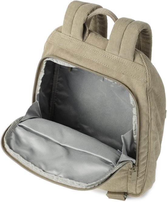 Beige ribfluwelen rugzak open met ritssluiting aan de bovenkant en grijze voering.