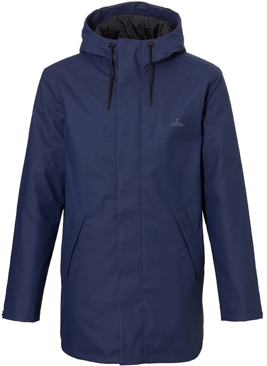Donkerblauwe parka met capuchon en rits, met op de borst een klein logo.