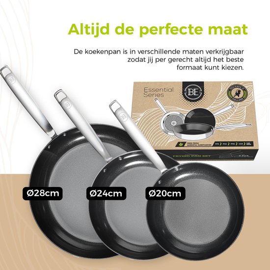 Drie koekenpannen van verschillende groottes naast elkaar, met afmetingen Ø28cm, Ø24cm en Ø20cm.