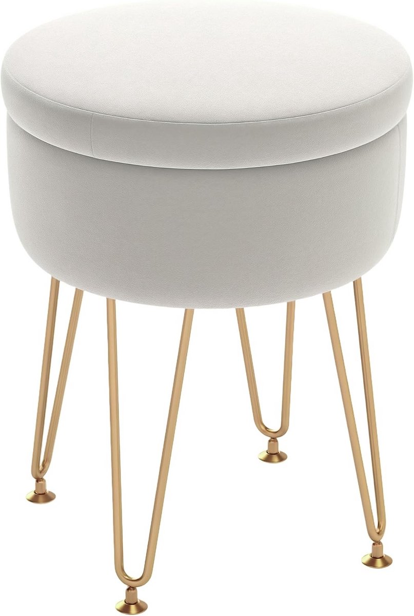 HOMCOM 5L fluwelen opbergpoef, moderne ronde voetenbank met metalen haarspeldpoten en afneembaar deksel, kaptafelkruk, bijzettafel voor hal, slaapkamer, woonkamer, 33 x 33 x 43 cm, crèmewit