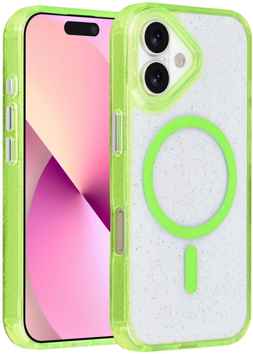 TUNIQ telefoonhoesje voor Apple iPhone 16 - MagSafe met glitter en koord - Groen