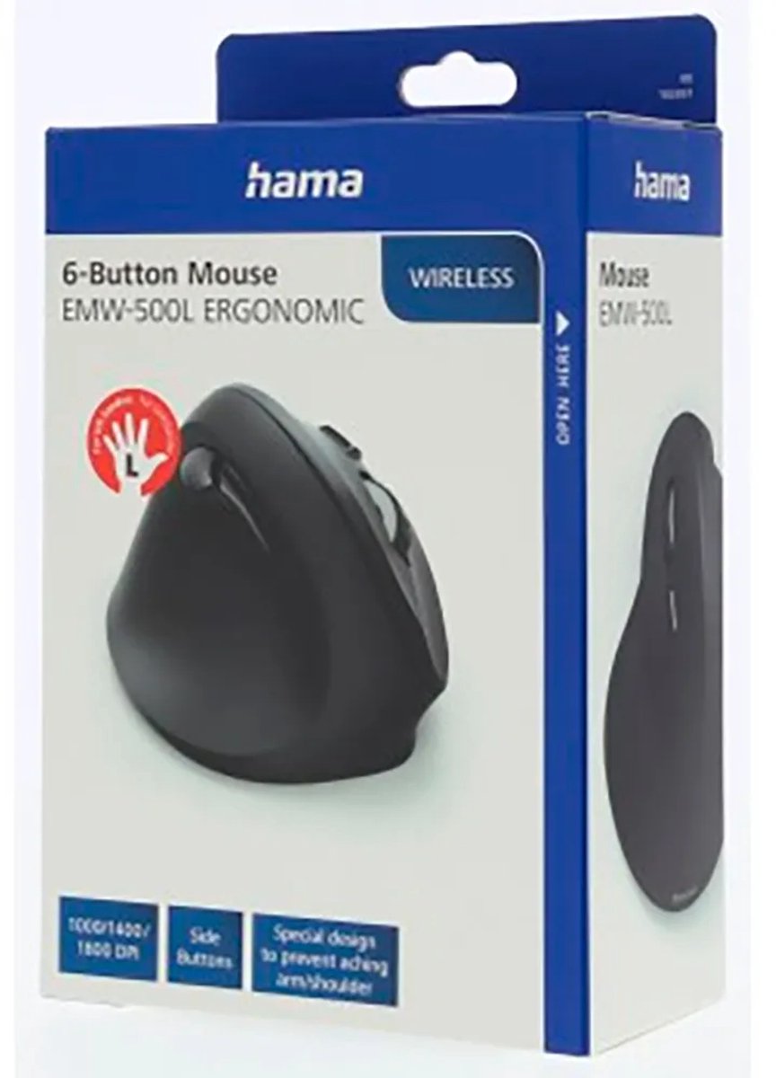Hama EMW-500L - Draadloze ergonomische muis - 6 knoppen - 2.4 GHz RF - Zwart thumbnail 3