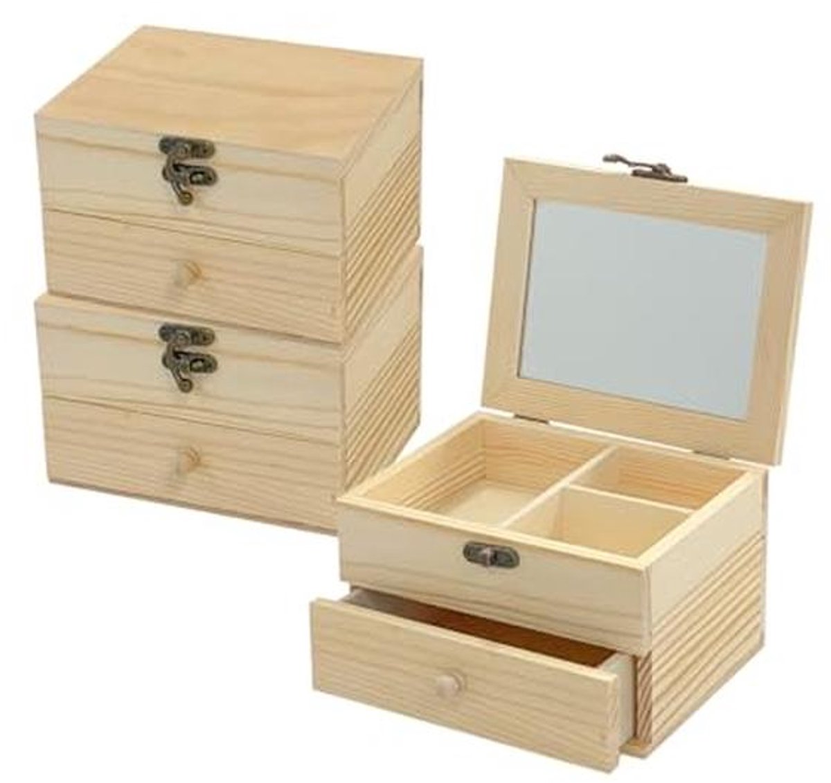 Set van 3 Onvoltooide Houten Sieraden Boxen met Glazen Spiegel