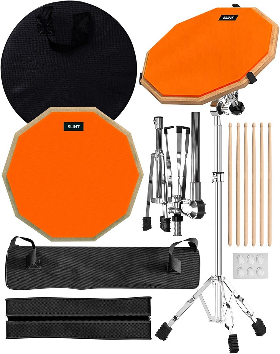 Dubbelzijdige drum pad set met drumstandaard en sticks - 30 cm oefenpad en 10 cm snaredrum - Ideaal voor volwassenen en kinderen