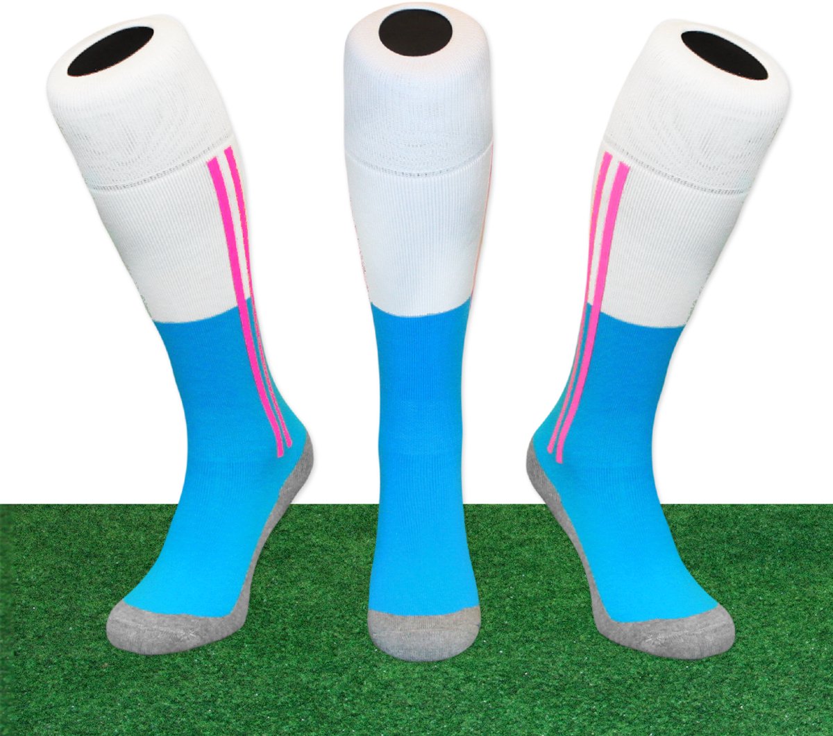 Hingly 2 STRIPE SEA BLUE WHITE PINK Lange sportsokken, hockeysokken, voetbalsokken Maat 41-44