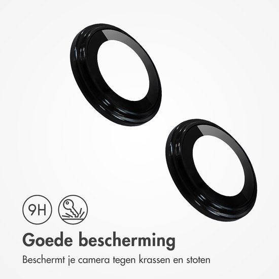 Twee zwarte, glimmende camera lensbeschermers met 9H bescherming.