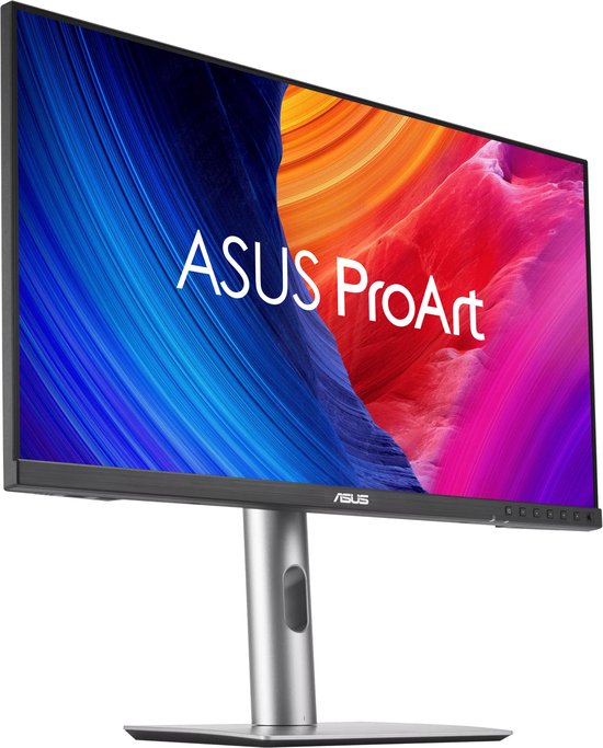ASUS ProArt monitor met een gebogen abstracte achtergrond met kleuren zoals blauw, rood, roze en oranje.
