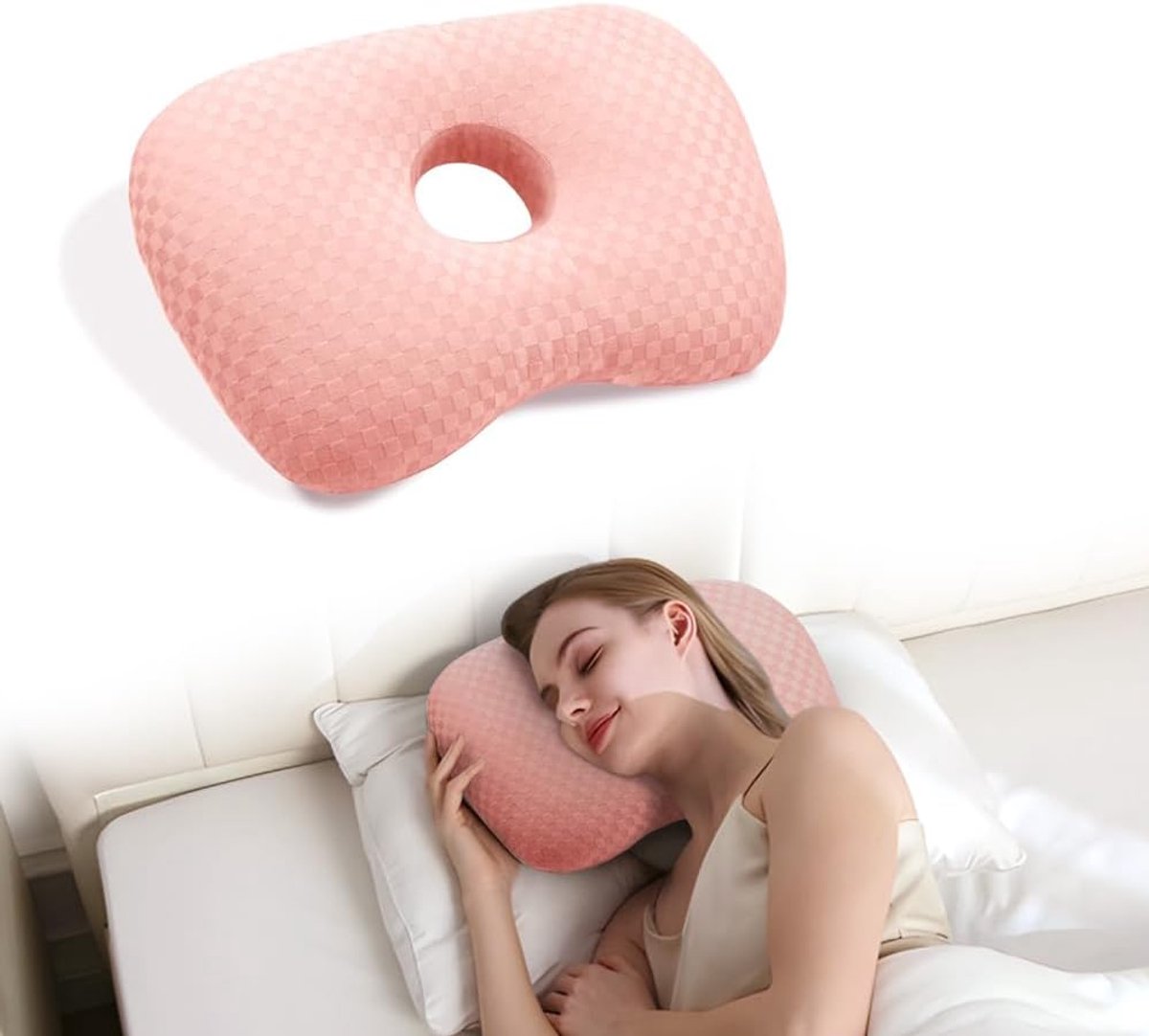 Hoofdkussen - slaapkussen - Oorpiercing kussen - Ergonomisch contour - met gat voor CNH en oorpijn, ontsteking, doorligwonden voor zijslapers, katoenen en polyester zijslaperkussen, wasbaar en verstelbaar oorbeschermingskussen, Roze