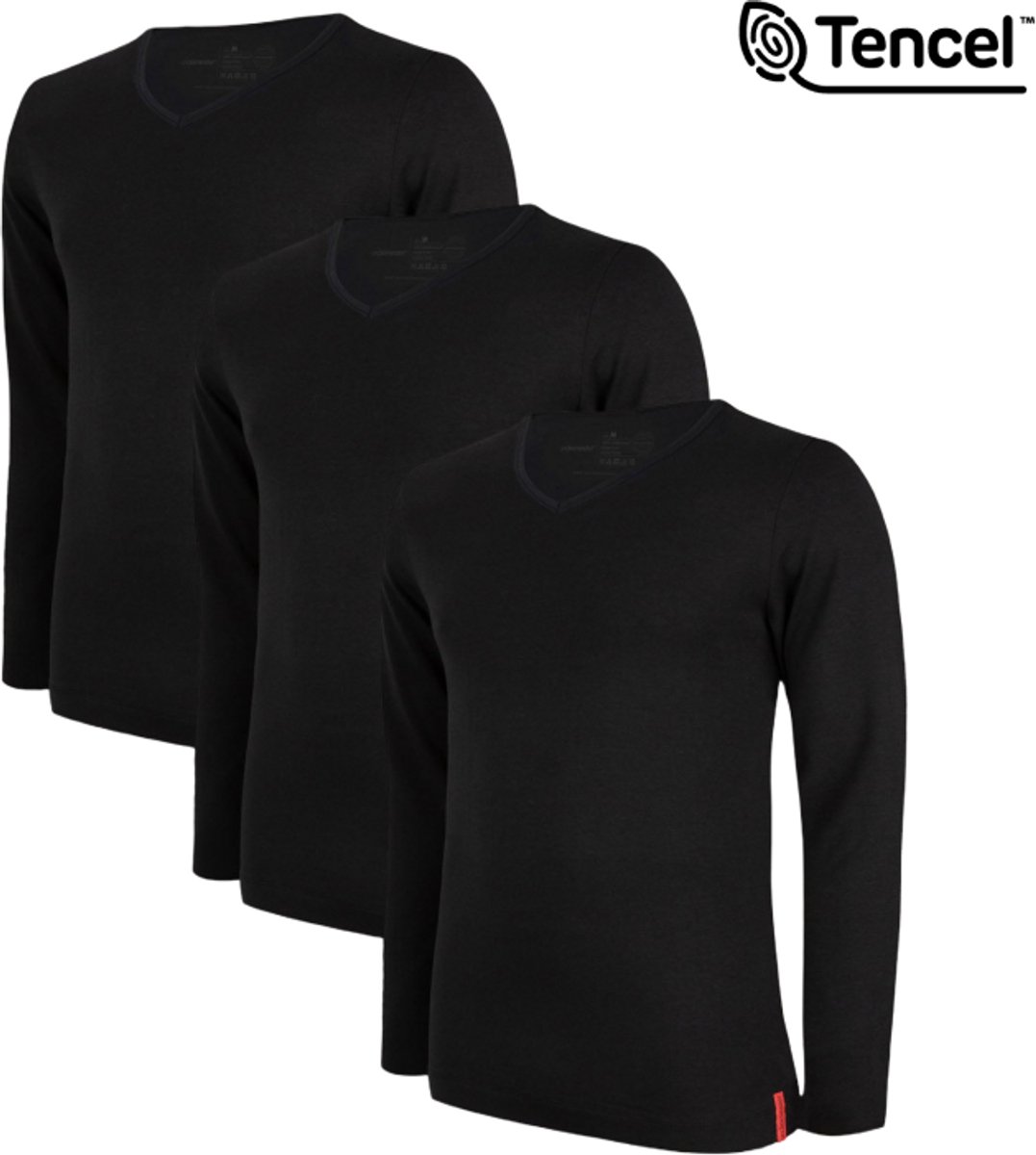 Undiemeister T Shirt Heren - Lange Mouwen - 3-Pack - Volcano Ash (Zwart) - Mellowood Tencel - Ademend en Temperatuurregulatie - Slim Fit T-shirt - Ronde Hals - Maat M