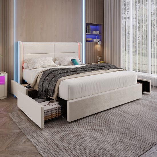 Support mural LED moderne 160 x 200 cm avec fixation LED, 4 supports de fixation pratiques, fixation renforcée, Dual fixation USB et supports de fixation élégants, beige