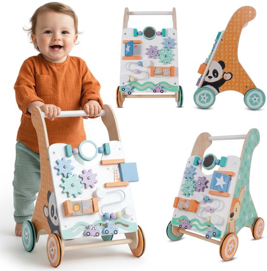 Babyspel En Loopwagen - Houten Duwspeeltje Met Interactief Speelbord Voor 12 Tot 36 Maanden Bruin