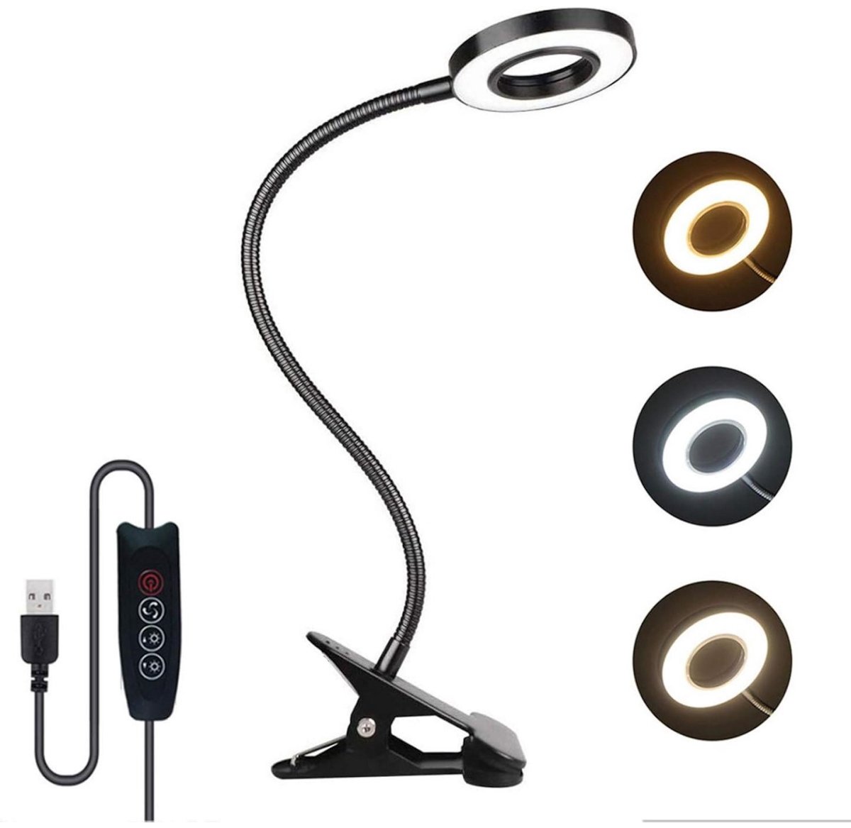 EXCITAT LED-klemlamp - 360° zwanenhalsklemlamp - Leeslamp naast het bed - Uitgerust met een extra lange USB-kabel van 150 cm - Geschikt voor kantoren, slaapkamers, leesruimtes en oogbescherming