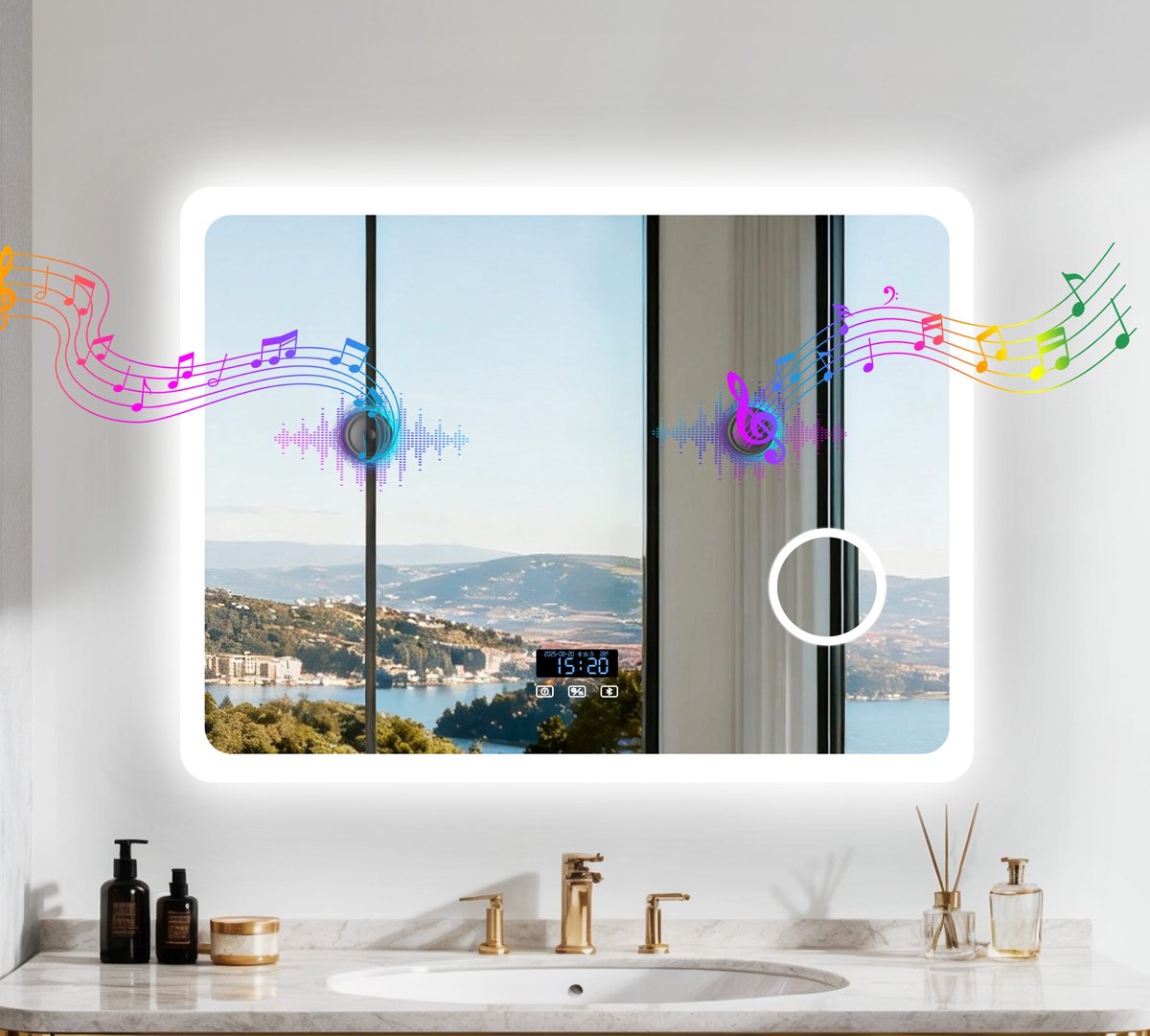 LUVODI badkamerspiegel met LED-licht - 800x600mm wandspiegel met verlichting - met Bluetooth - dimbare 3-kleuren verlichting - 3X vergrootglas - anticondens - slim display - geheugenfunctie