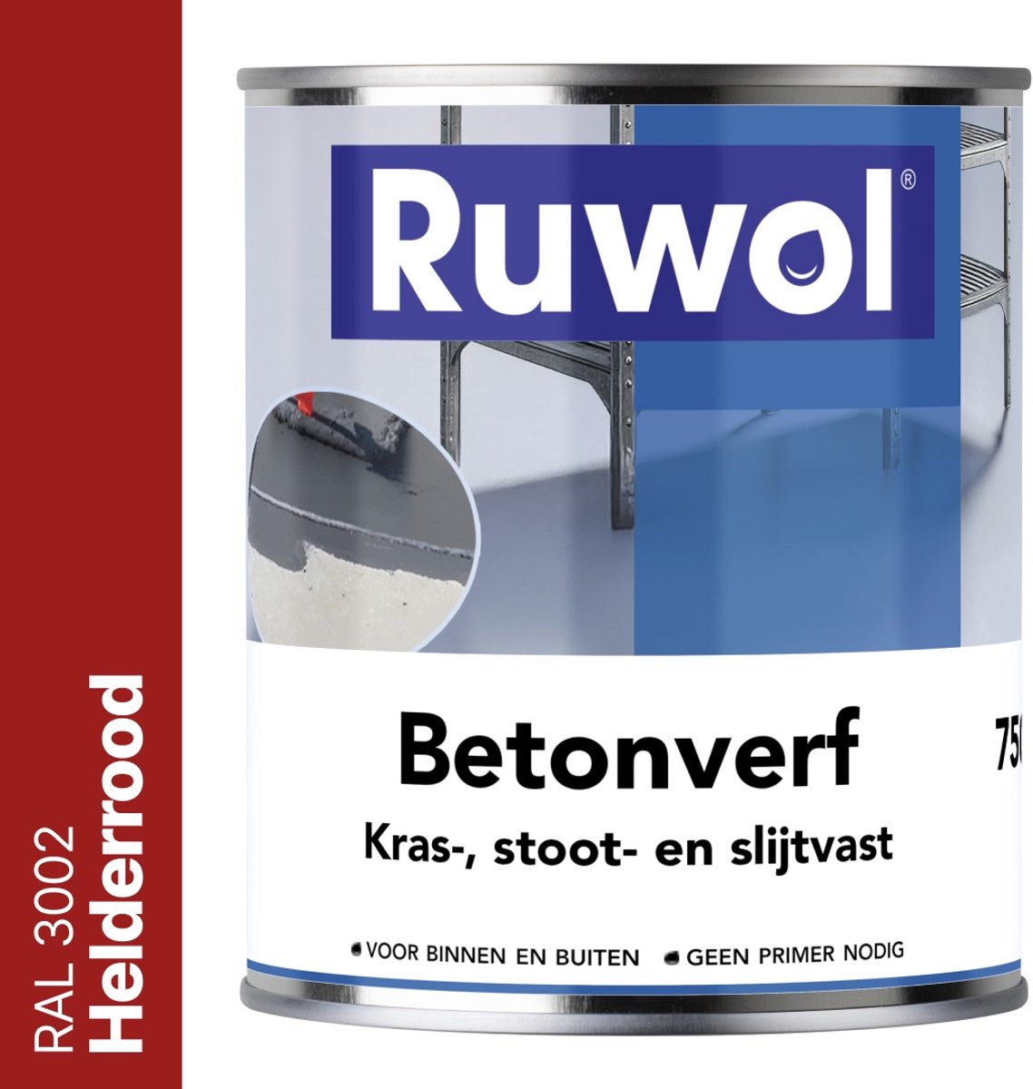 Ruwol Betonverf Helderrood (RAL 3002) 750 ml - Voor binnen en buiten - Alle kleuren - Kras-, stoot- en slijtvaste verf voor beton en steen - Betonverf voor buiten