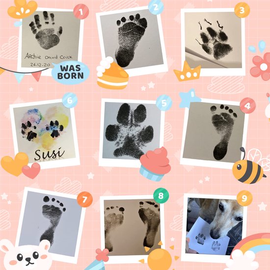 Baby hand- en voetafdrukset, 5 inktloze printpads voor baby's en huisdieren, 10 afdrukkaarten, baby voetafdrukset, veilig en niet-giftig voor voeten en handen, familieherinnering - Zwart van Ulici — afbeelding 2