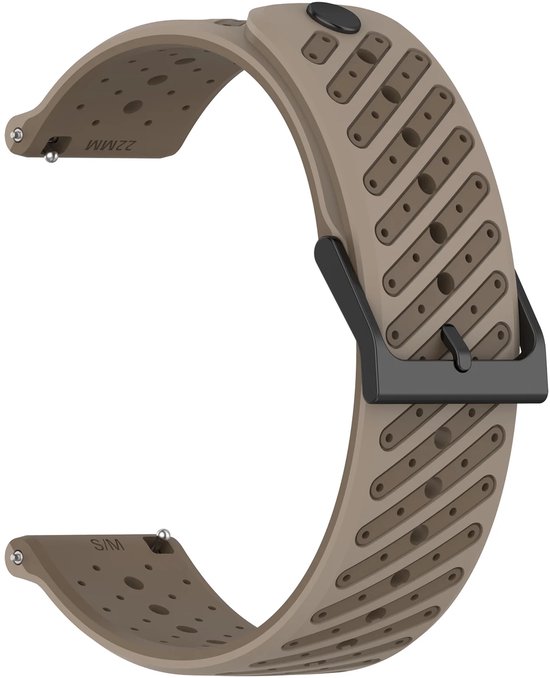 Bruine siliconen horlogeband met geperforeerd gestreept patroon en zwarte gesp.