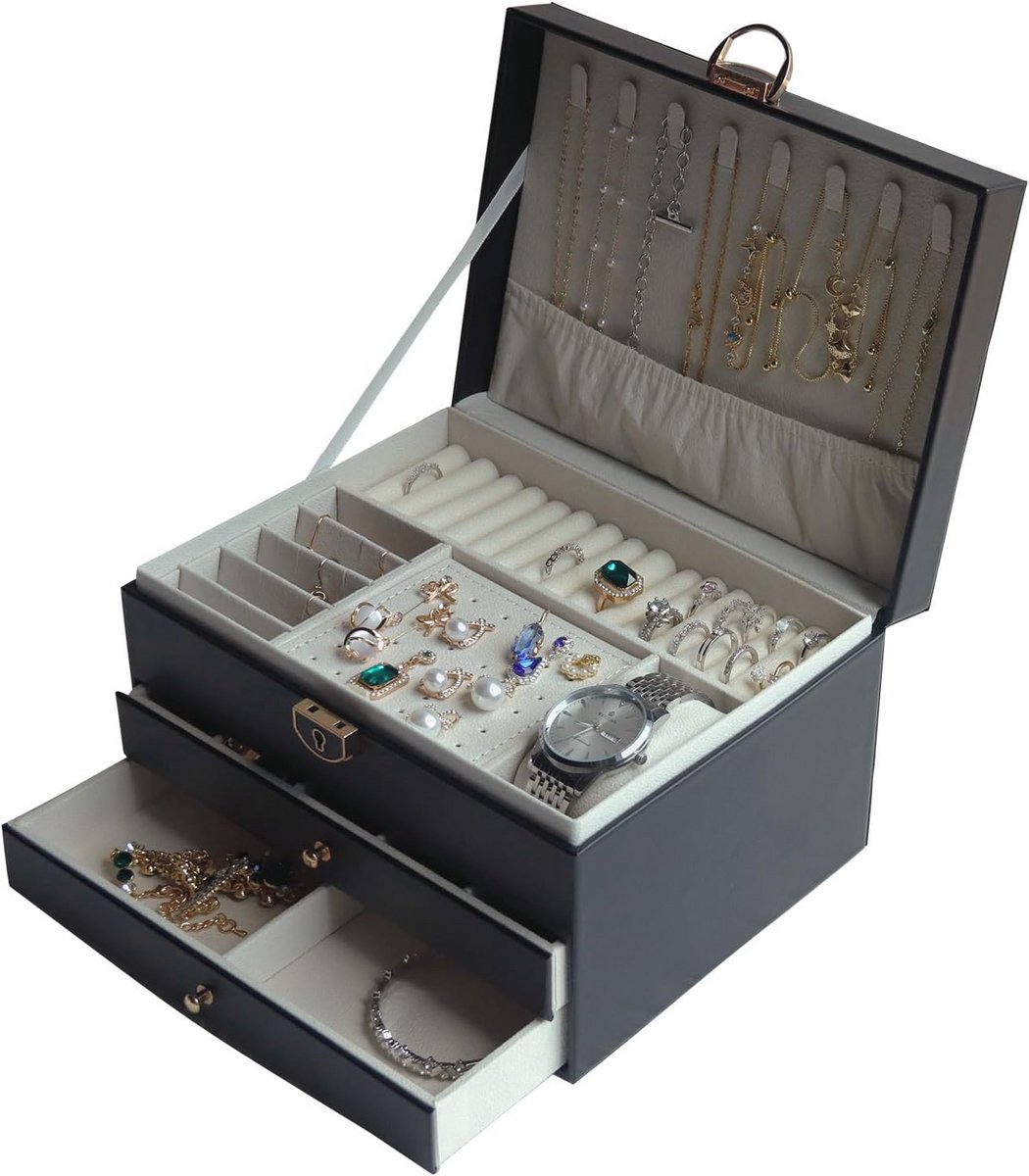 3-Laags Sieraden Doos met Opbergruimte voor Oorbellen, Ringen en Armbanden