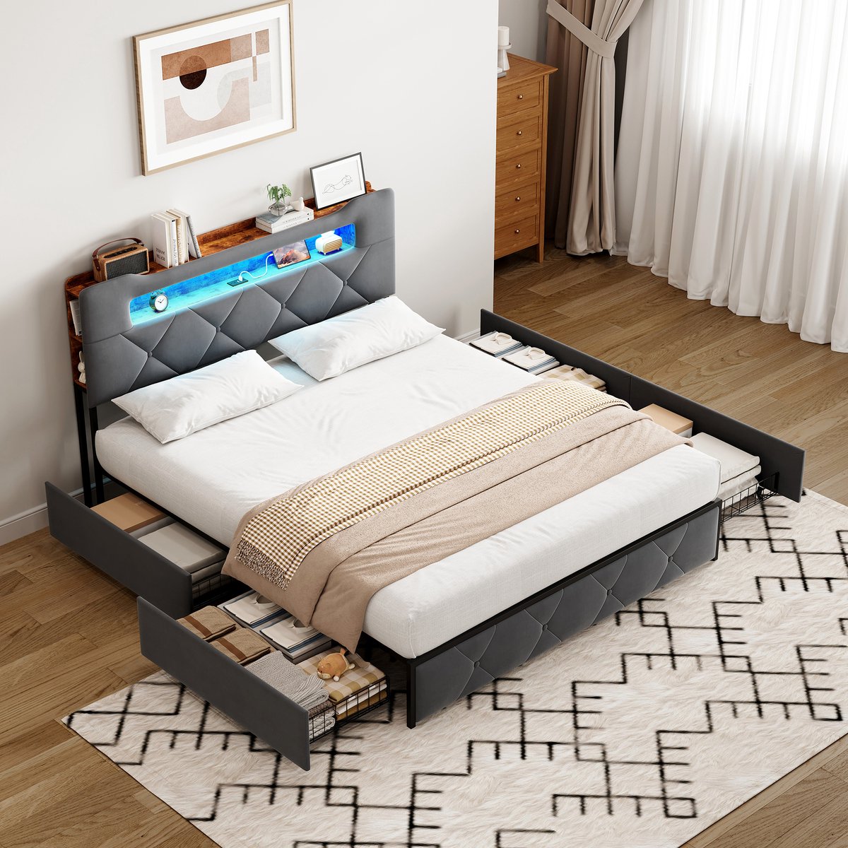 Gestoffeerd Tweepersoonsbed 160x200 cm – Bedframe met RGB-LED en USB/Type-C, 4 Opbergladen en Lattenbodem, Velours Grijs (Zonder Matras)