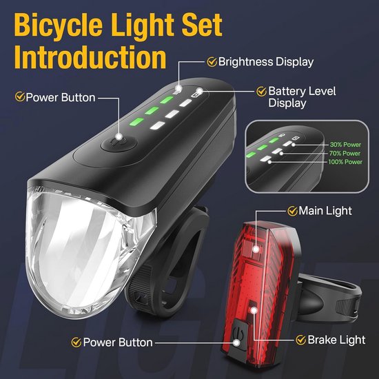 Fietsverlichtingsset met intelligent remlicht en automatische helderheidsregeling - USB-oplaadbaar, 80 lux, IPX5 waterdicht — afbeelding 3