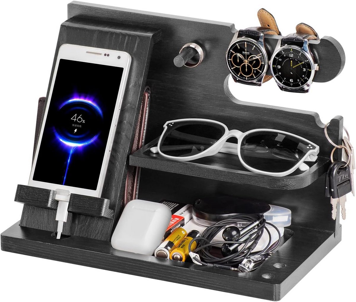 Houten Oplaadstation en Organiser voor Telefoon, Sleutels en Accessoires
