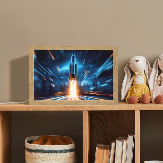 Nachtlampje 30x20 cm - Kinder lamp - Raket - Ruimte - Blauw - Licht - Tafellamp kinderkamer - Slaapkamer lamp - Bedlamp kinderen - Kinderlampje stopcontact - Wandlamp babykamer - Nachtlampjes van Merkloos — afbeelding 3