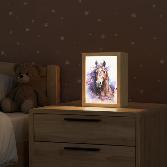 Nachtlampje 15x20 cm - Kinder lampje - Paard - Dieren - Meisjes - Paars - Bruin - Tafellamp kinderkamer - Slaapkamer lamp - Bedlamp kinderen - Kinderlampje stopcontact - Wandlamp babykamer - Nachtlampjes van Decopatent — afbeelding 2