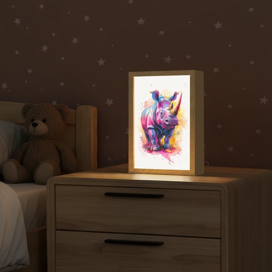 Nachtlampje 20x30 cm - Kinder lampje - Neushoorn - Kleurrijk - Verf - Dieren - Tafellamp kinderkamer - Slaapkamer lamp - Bedlamp kinderen - Kinderlampje stopcontact - Wandlamp babykamer - Nachtlampjes van OnlyWow — afbeelding 2