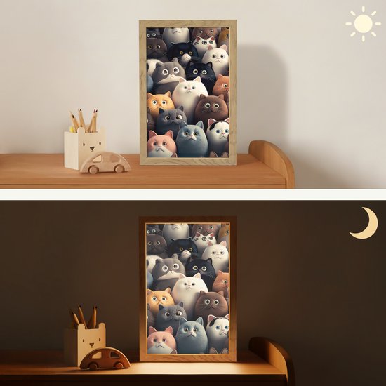 Nachtlampje 20x30 cm - Kinder lamp - Kat - Dieren - Poes - Patroon - Jongen - Meisje - Tafellamp kinderkamer - Slaapkamer lamp - Bedlamp kinderen - Kinderlampje stopcontact - Wandlamp babykamer - Nachtlampjes van OnlyWow — afbeelding 4