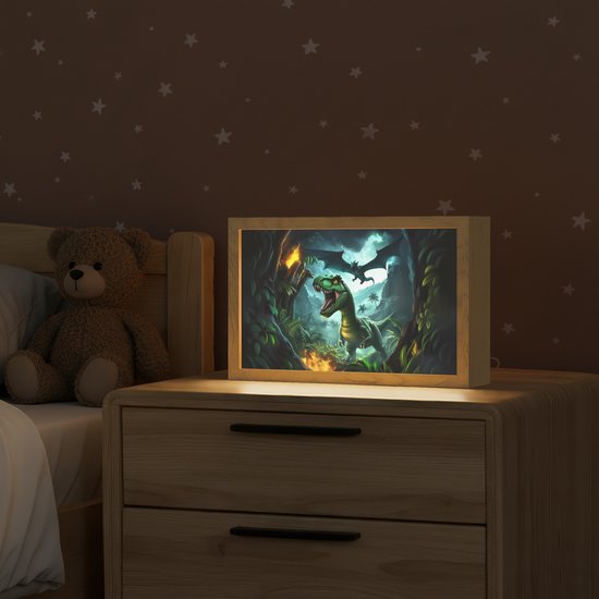 Nachtlampje 30x20 cm - Kinder lamp - Dinosaurus - Draak - Jungle - Groen - Tafellamp kinderkamer - Slaapkamer lamp - Bedlamp kinderen - Kinderlampje stopcontact - Wandlamp babykamer - Nachtlampjes van Merkloos — afbeelding 2
