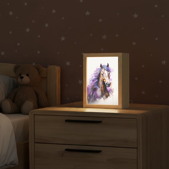 Nachtlampje 15x20 cm - Kinder lampje - Paard - Dieren - Meiden - Paars - Bruin - Tafellamp kinderkamer - Slaapkamer lamp - Bedlamp kinderen - Kinderlampje stopcontact - Wandlamp babykamer - Nachtlampjes van Merkloos — afbeelding 2