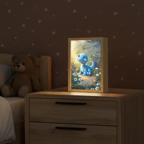 Nachtlampje 20x30 cm - Kinder lampje - Dino - Blauw - Baby - Dinosaurus - Tafellamp kinderkamer - Slaapkamer lamp - Bedlamp kinderen - Kinderlampje stopcontact - Wandlamp babykamer - Nachtlampjes van Merkloos — afbeelding 2