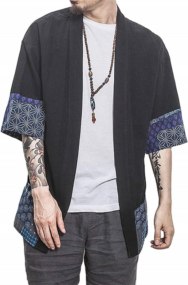 Heren Lichtgewicht Katoen Linnen Kimono Vest Losse Open Voorkant Cape Zwart