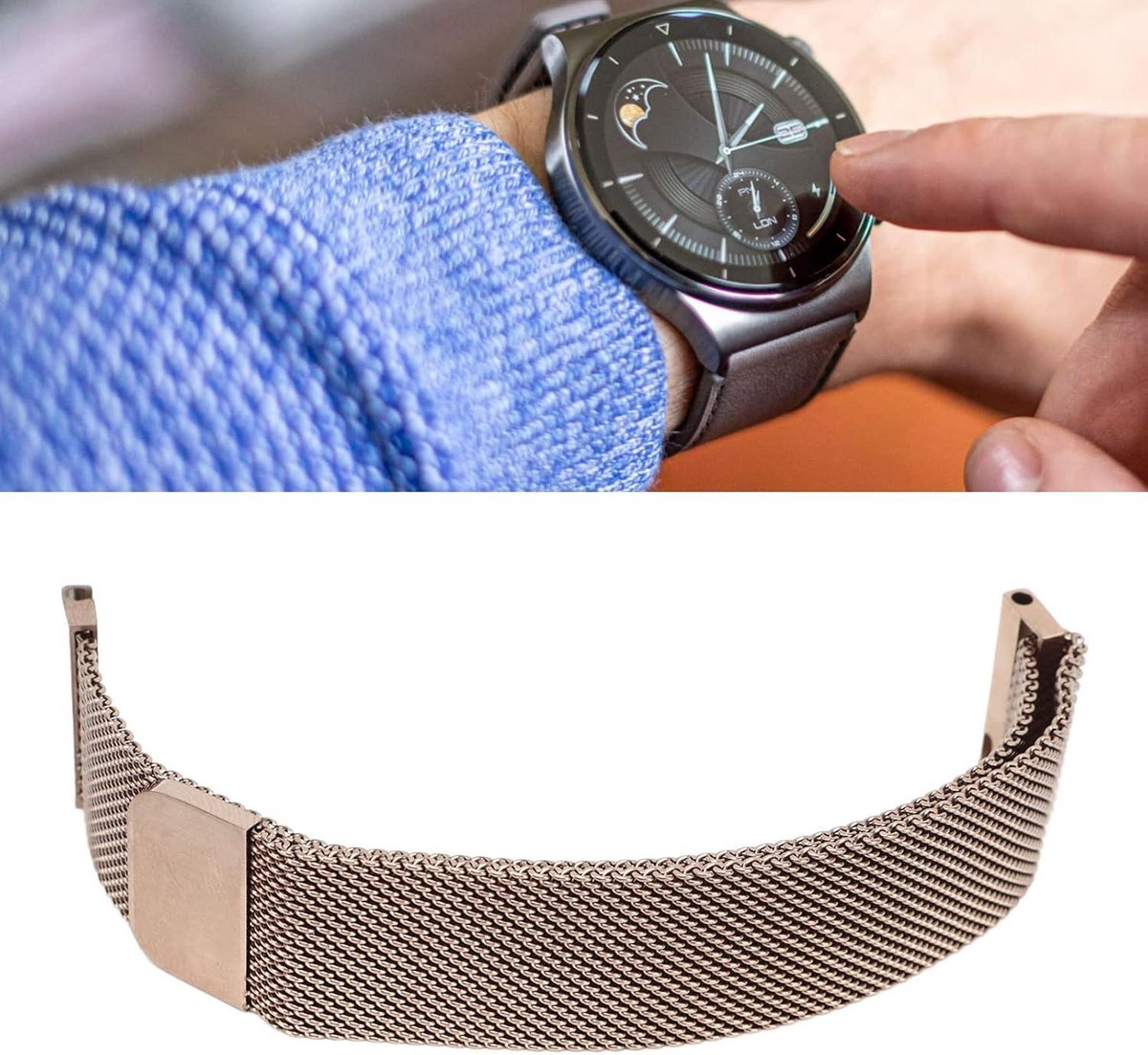 Allecta - Mesh Horlogebandje 22mm, Verstelbaar Roestvrij Staal, Heren Dames Huawei GT2 Horloge