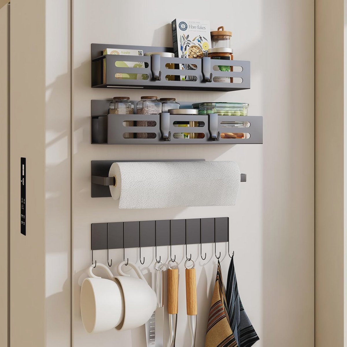 Magnetisch kruidenrek met haak en papieren handdoekhouder - 4-pack voor koelkast