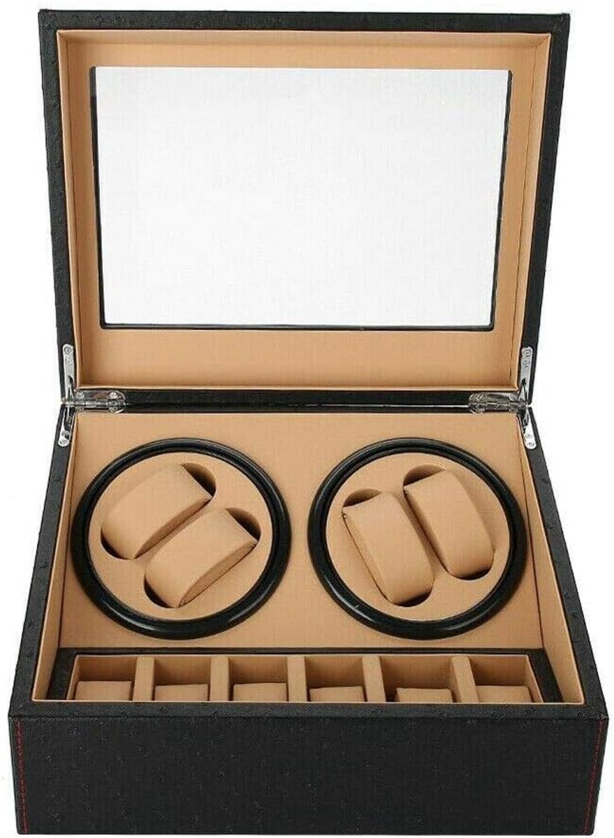 Horloge Winder Box voor 10 Horloges, Leer met Strauß Textuur, Draaiend Horlogehouder voor Automatische Horloges