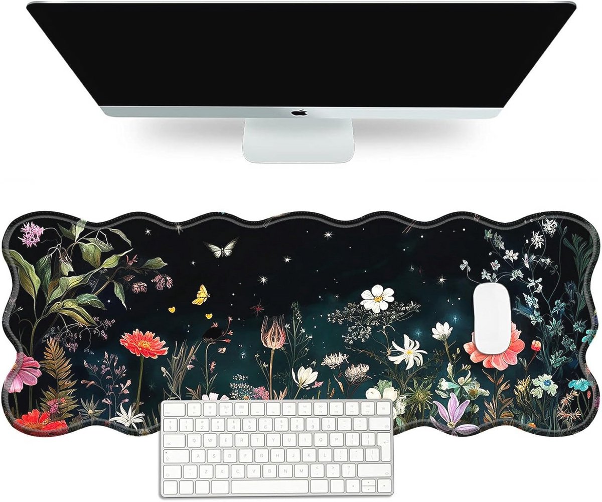 Bureauonderlegger en grote muismat met bloemen en vogels, 31,5 x 11,8 cm, antislip rubberen basis, gestikte randen, ideaal voor werk en spel