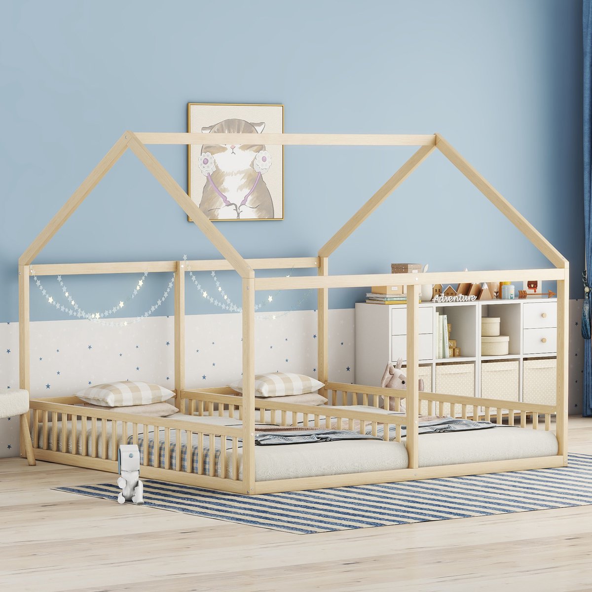 Wishdor 2-in-1 Kinderbed 90x200 cm – Huisbed met Dak & Middenhek – Gezellig & Veilig – Grenen & MDF – Naturel Natuurlijk