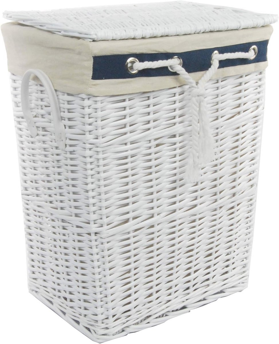 Rechthoekige witte wasmand met deksel en marinemotief, afneembaar en wasbaar - 32x24x47cm