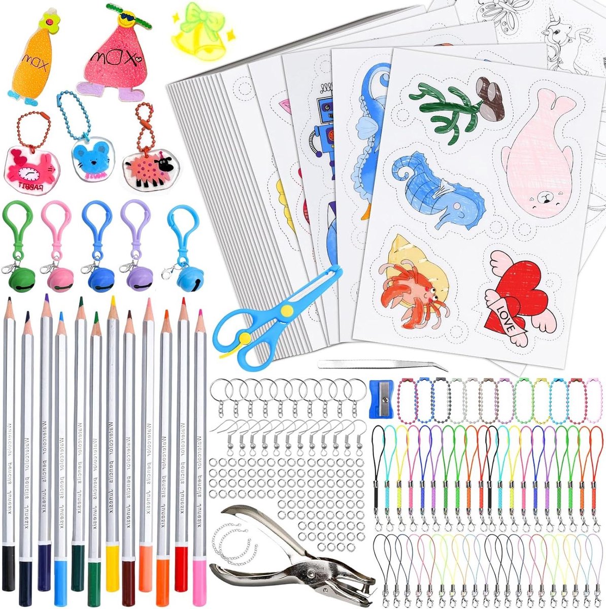 Allecta - Krimpfolie Set - 228 stuks - Plastic Folie - Sleutelhanger - Blanco en Met Patroon - Potloden - Perforator - Doe-Het-Zelf - Creatief Handwerk