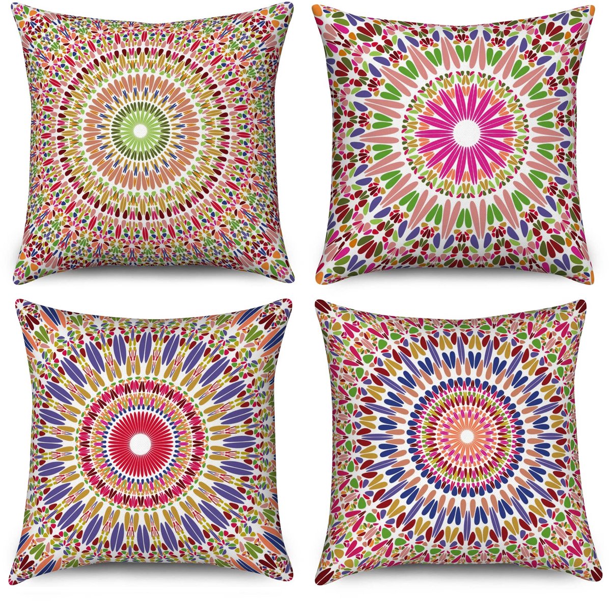 Unyqoos Set van 4 kleurrijke boho-kussenslopen met mandala en bloemenmotief